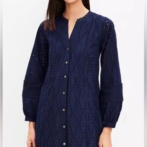 NWT LOFT Navy Eyelet Button-Front Midi Swing Dress